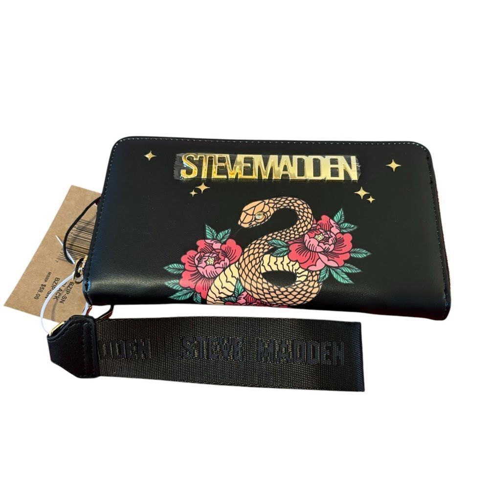 Steve Madden Year of the Snake Black Wallet/Wristlet with Floral Design.